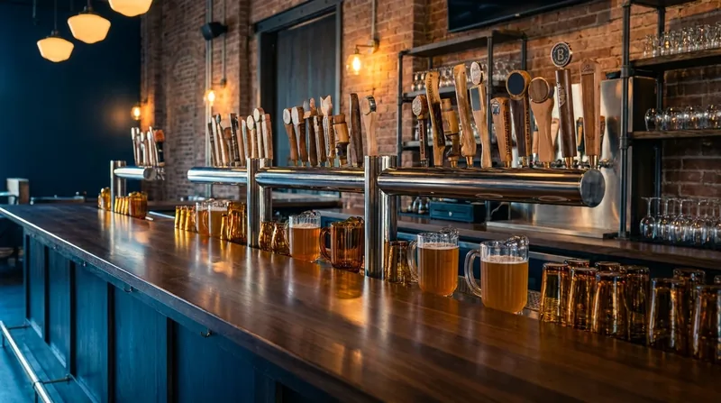 Craft beer tap handles and glassware on a polished bar, How to Get a Liquor License in NYC