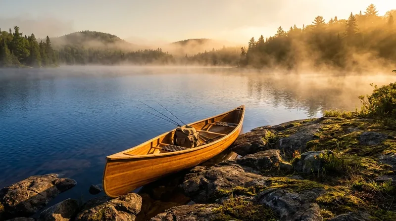 Canoe and fishing gear at a calm forest lake at dawn, How to Become a Licensed Hunting or Fishing Guide in New York