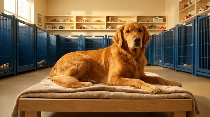 Golden retriever resting in a tidy dog daycare playroom, How to Start a Pet Business in New York