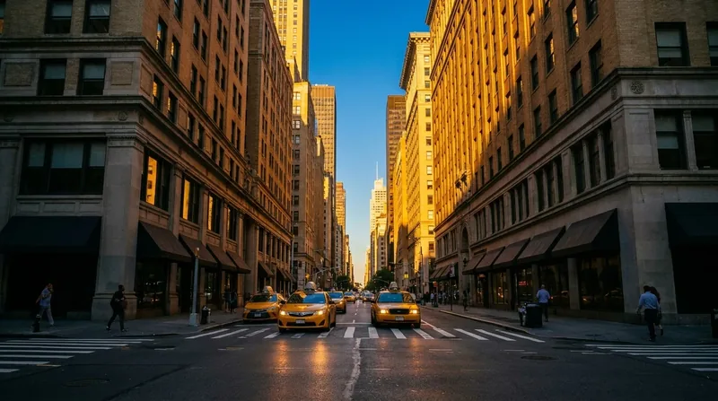 New York City avenue with yellow taxis and towers at golden hour, How to Start an LLC in NYC