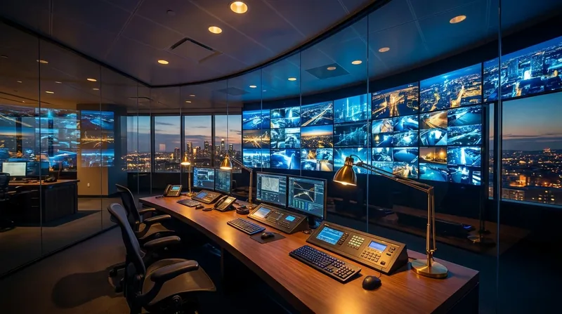 Security operations desk with a wall of camera monitors, How to Start a Security Guard Company in New York