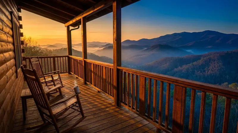 Rental cabin porch overlooking forested mountains at sunrise, How to Start an Airbnb in New York State