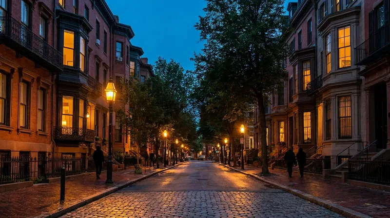 Brownstone street with bay windows and lamps at dusk, Airbnb in NYC
