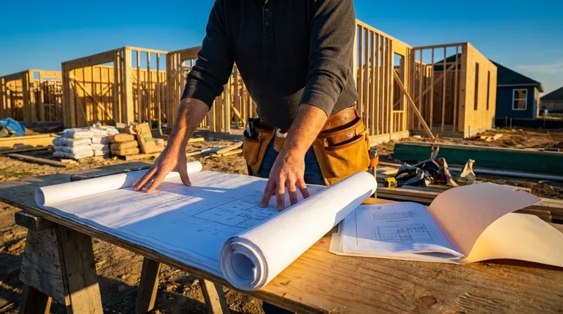 Contractor reviewing blueprints at a residential jobsite, New York Contractor License