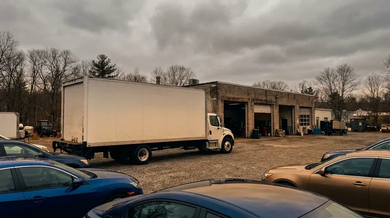 Box truck and parked cars outside a small auto business lot, How to Open a Car Dealership in New York